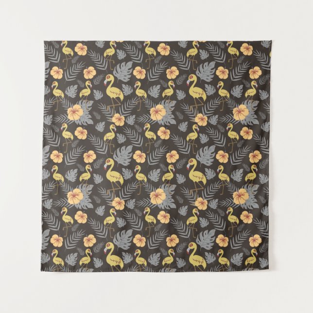 Tenture motif sans couture Flamant rose avec fleurs et feu (Devant)