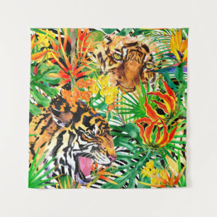 Tenture motif sans couture tropicale avec tigre. aquarelle