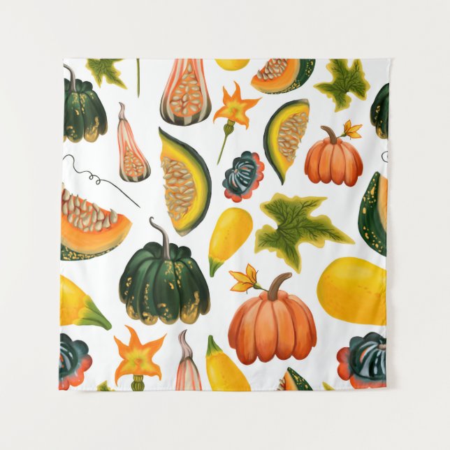 Tenture Motif sans faille de citrouilles et de feuilles su (Devant)