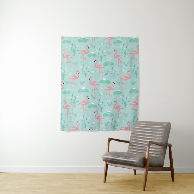 Tenture Motif vert Flamants roses rose Pastel (En situation)