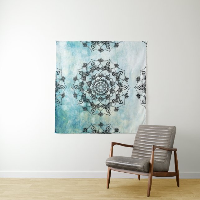 Tenture Mur de Mandala bleu (En situation (horizontale))