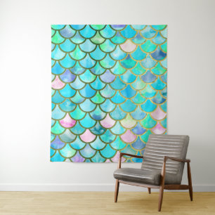 Tenture Murale Aqua Turquoise bleu aquarelle Mermaid Scales Motif