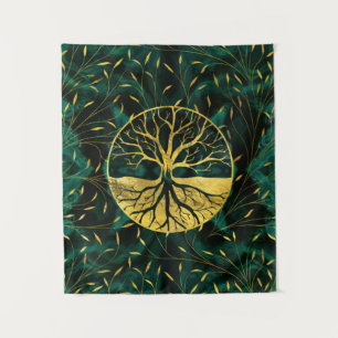 Tenture Murale Arbre de la vie d'or Yggdrasil sur la malachite
