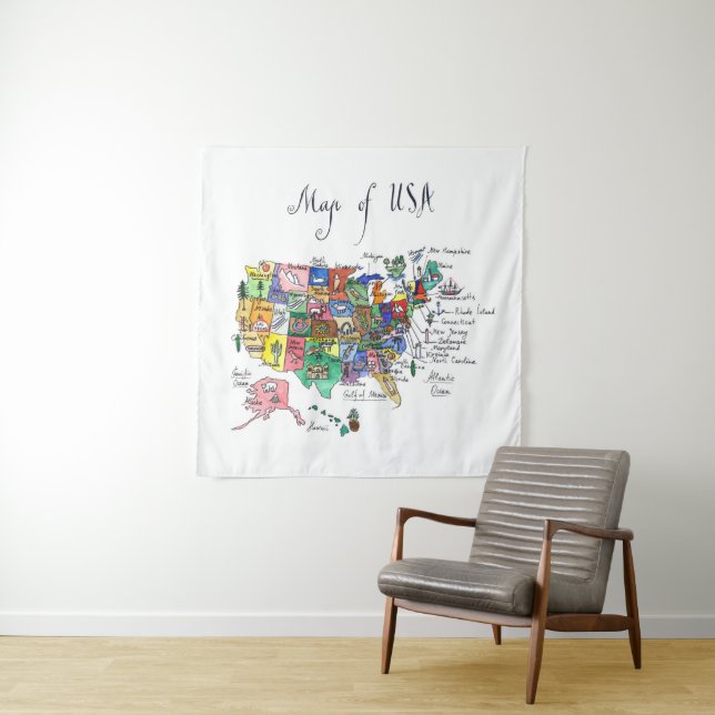 Tenture Murale Carte des attractions des Etats-Unis d'Amérique (En situation (horizontale))