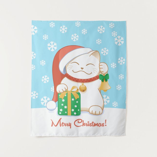 Tenture Murale Chat de Noël blanc dans un Casquette rouge (Devant)