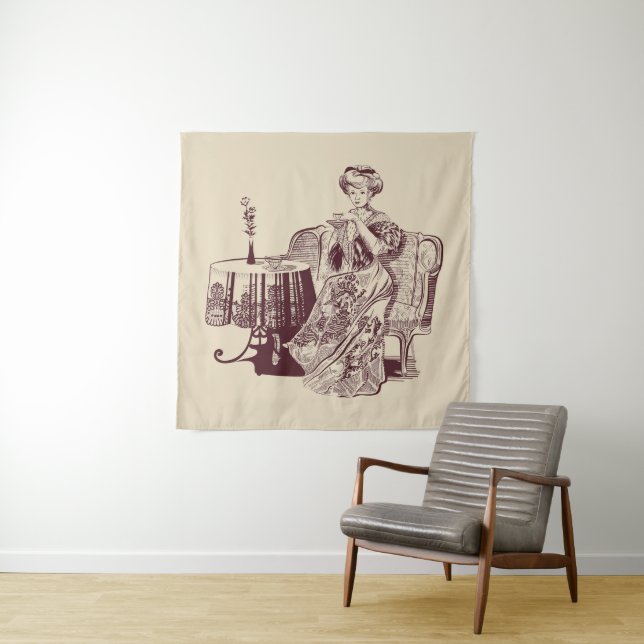 Tenture Murale dame boit du thé (En situation (horizontale))