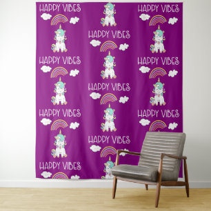 Tenture Murale Happy Vibes Typographie Awesome Rainbow & Unicorn