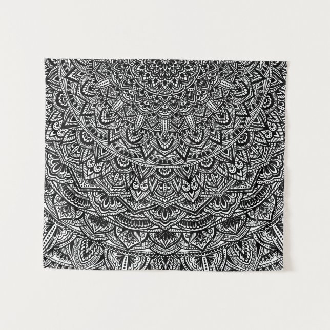 Tenture Murale Mandala noir et blanc de zen (Devant (Horizontal))