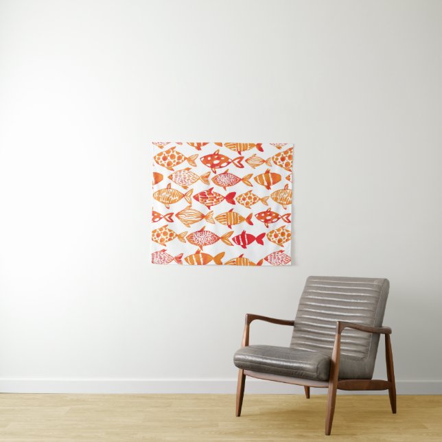 Tenture Murale Motif orange lumineux de poissons d'aquarelle (En situation (horizontale))