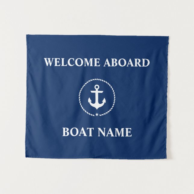 Tenture Murale Nom du bateau nautique Ancre Bienvenue Marine Bleu (Devant (Horizontal))