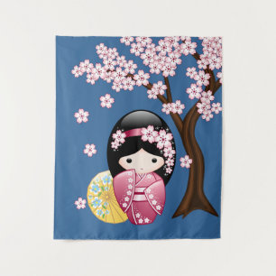 Tenture Murale Poupée Kokeshi de printemps - Jolie fille geisha j