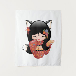 Tenture Murale Poupée Kokeshi Kitsune - Fille Geisha Renard Noir