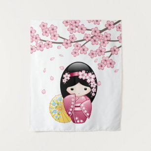 Tenture Murale Poupée Kokeshi Printemps - Cute Japonaise Geisha G