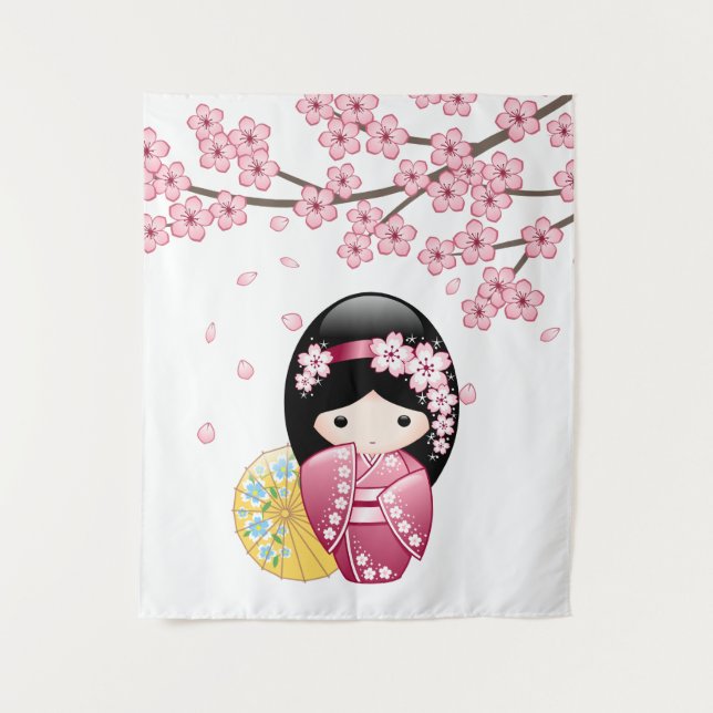 Tenture Murale Poupée Kokeshi Printemps - Cute Japonaise Geisha G (Devant)