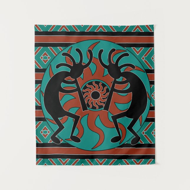 Tenture Murale Tribal Turquoise Sud-Ouest Sun Kokopelli (Devant)