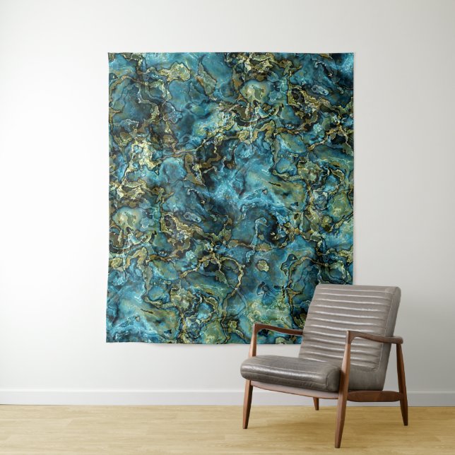 Tenture Murale Turquoise Turquoise Faux Gold Minerals Agate Motif (En situation)