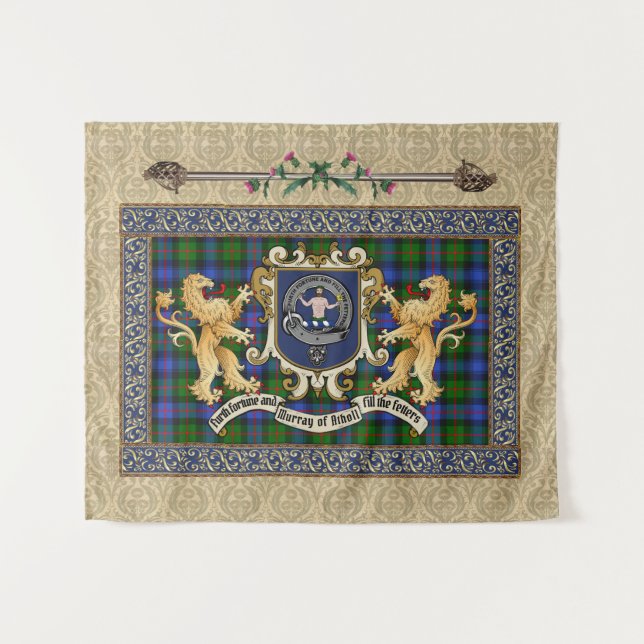 Tenture Murray of Atholl Clan Badge & Tartan avec Lions (Devant (Horizontal))
