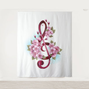 Tenture Musical treble clef notes with sakura flowers