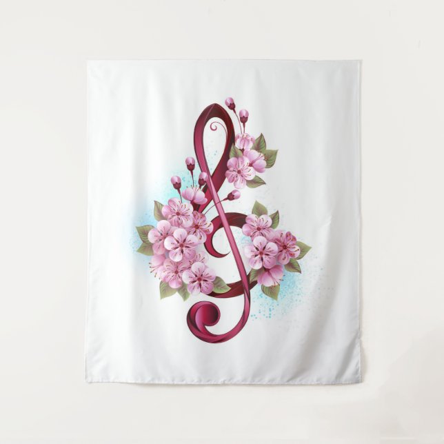 Tenture Musical treble clef notes with sakura flowers (Devant)