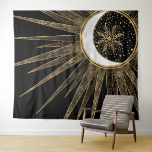 Tenture Mystic Black Gold Sun Moon Mandala