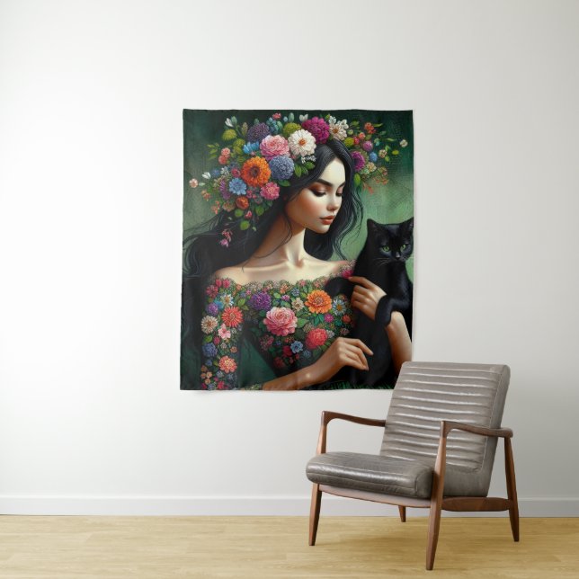 Tenture Mystic Floral Goddess with Black Cat – Fantasy Art (En situation)