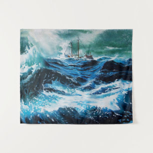 Tenture Navire dans la mer dans la tempête, Nautique, Bleu
