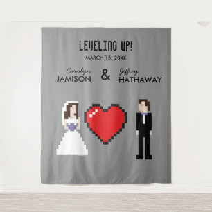 Tenture Nerdy 8 bits coeur mariage ou fiançailles arrière-