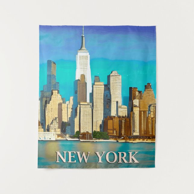 Tenture New York Skyline en bleu Cobalt et Tan (Devant)