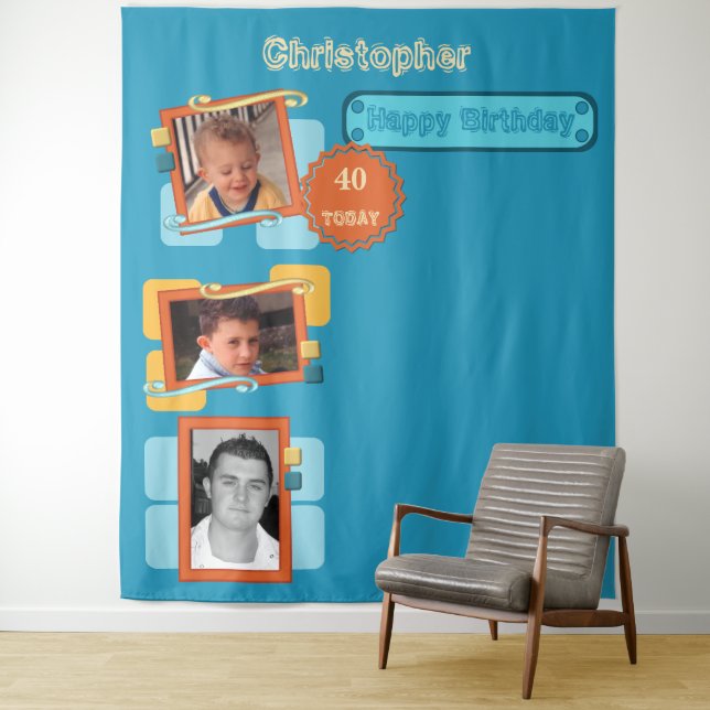 Tenture N'importe quelle photo d'âge 40ème fête bleue fond (En situation)