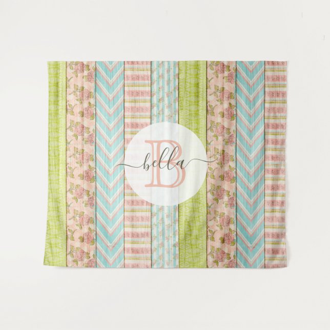 Tenture Nom en monogramme Shabby Roses sur bois rustique C (Devant (Horizontal))