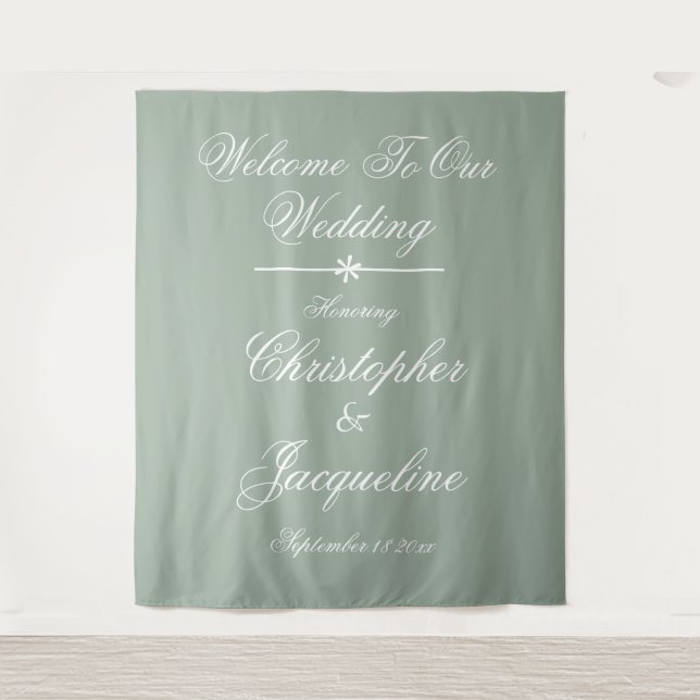 Tenture Noms de script de Mariage rustique Sage Vert fond (Devant)