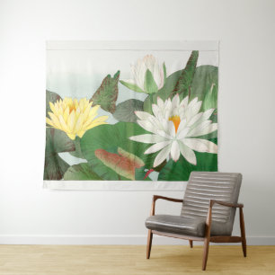 Tenture Nymphaea lotus, gravure sur bois japonaise, 1917