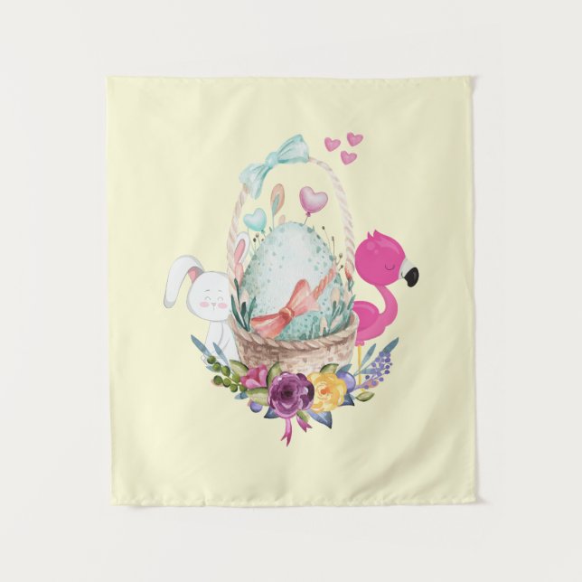Tenture Oeuf mignon, Flamant rose rose et lapin, Aquarelle (Devant)