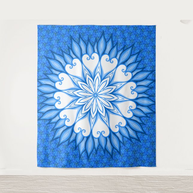 Tenture Oeuvre D'Art Mur Esthétique Mandala Blanc Et Bleu (Devant)