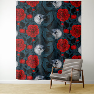 Tenture Oiseaux et fleurs de pivoines rouges avec feuilles