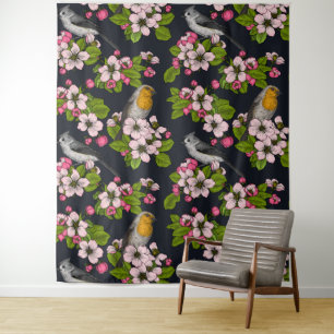Tenture Oiseaux et fleurs en noir
