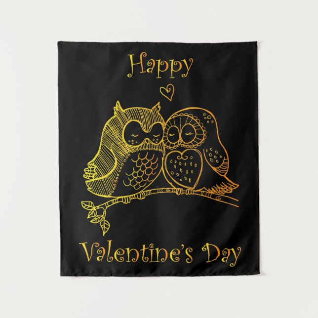 Tenture Oiseaux mignons Amour Chouette Couple Ligne Romanc (Devant)