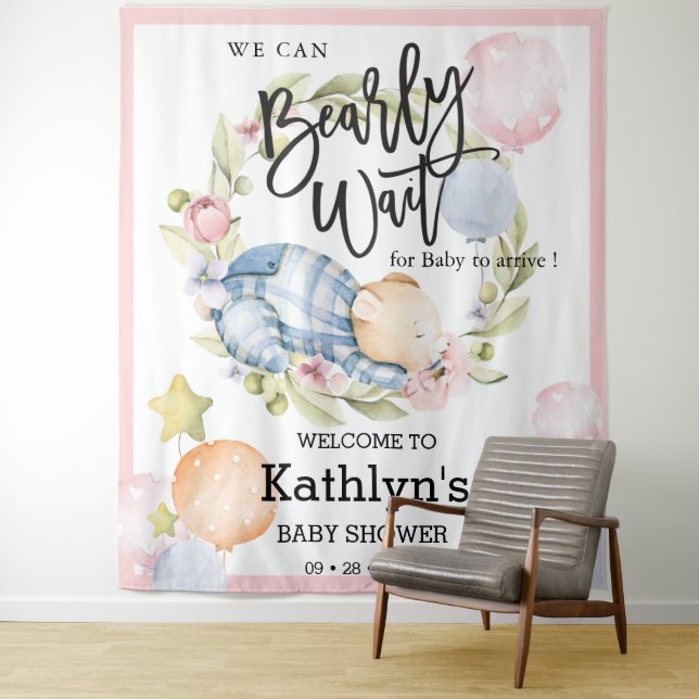 Tenture On Peut Attendre Le Baby shower Teddy Bear Garçon (En situation)