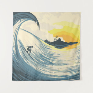 Tenture Onde tropicale et surfer au coucher du soleil