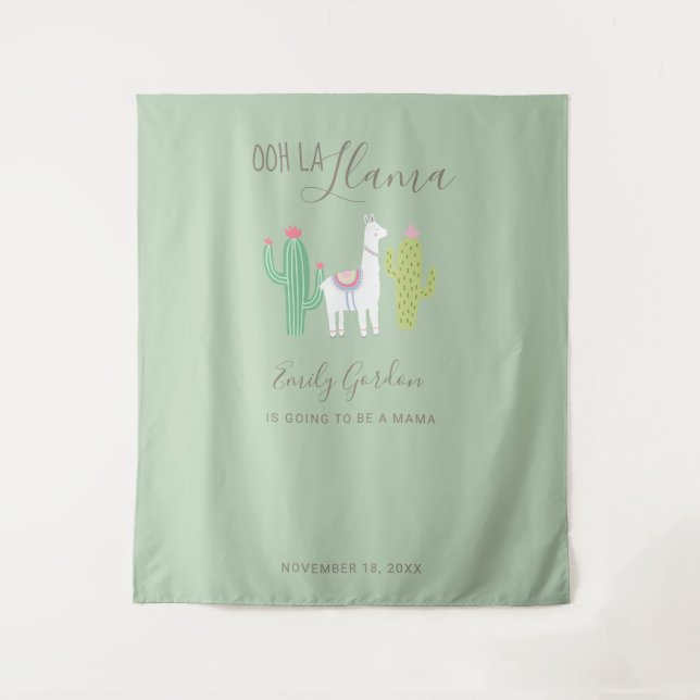 Tenture Ooh La Llama Baby Shower Fond Vert Mignon (Devant)