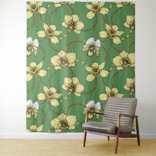 Tenture Orchidées et chaînes, jaune et vert kelly