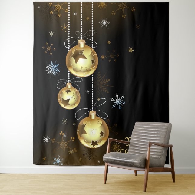 Tenture Ornements dorés de Noël Étoiles brillantes Noir (En situation)