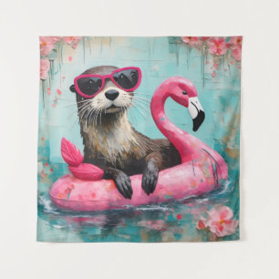 Tenture Otter flottant sur un Flamant rose rose drôle Coll