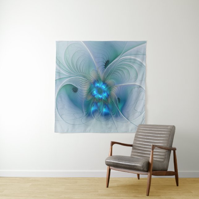 Tenture Ovations debout, fractale bleue turquoise abstrait (En situation)