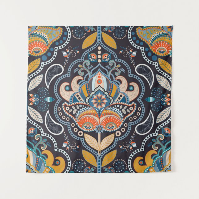Tenture Paisley floral seamless pattern. Dark backdrop wit (Devant)