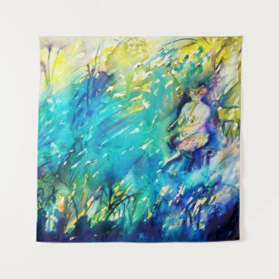 TENTURE PAN JOUER FLUTE ET CERF EN BOIS VERT