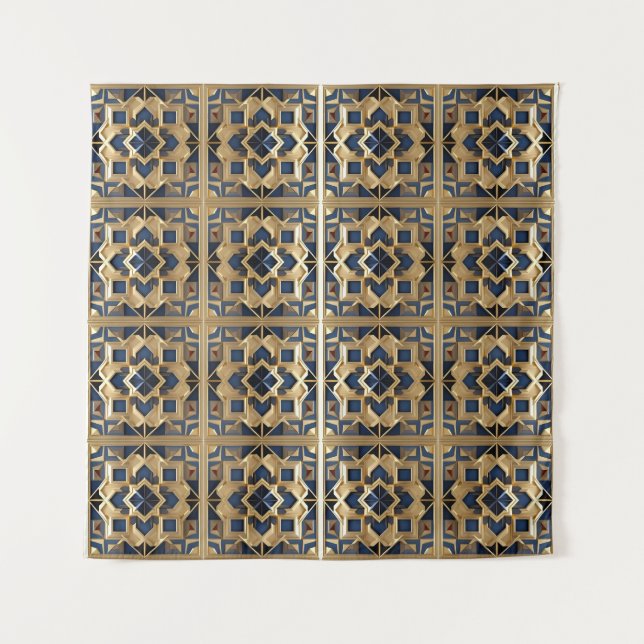 Tenture Panneau d'art géométrique Mur d'or bleu marocain (Devant (Horizontal))