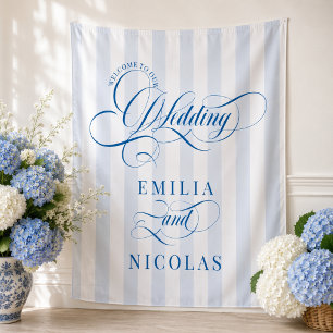Tenture Panneau de bienvenue de mariage de luxe bleu et bl