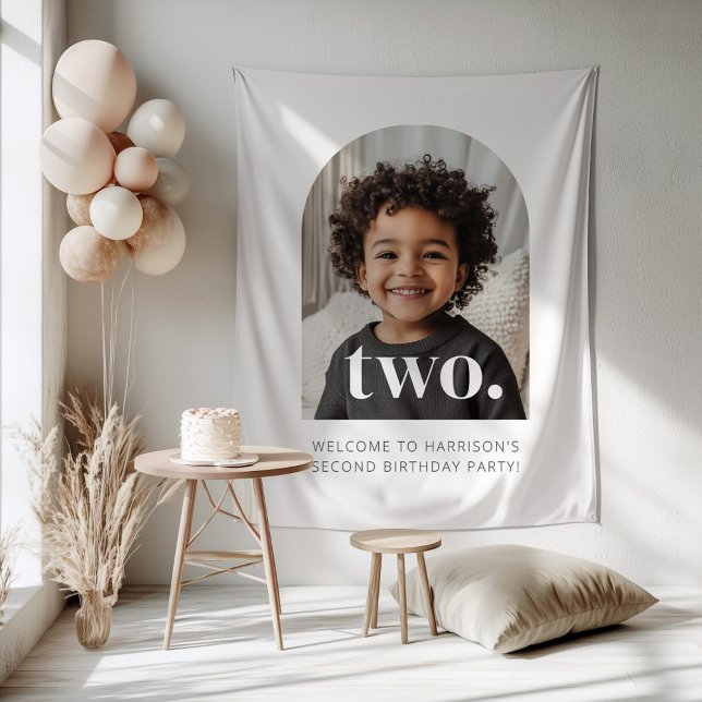 Tenture Panneau de bienvenue pour le 2ème anniversaire ave (Zazzle 2nd Birthday Two Arched Photo Welcome Sign Tapestry)