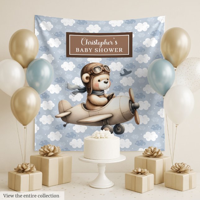 Tenture Panneau de célébration pour une fête de bébé en l' (Cute teddy bear pilot boy shower celebration sign Tapestry)